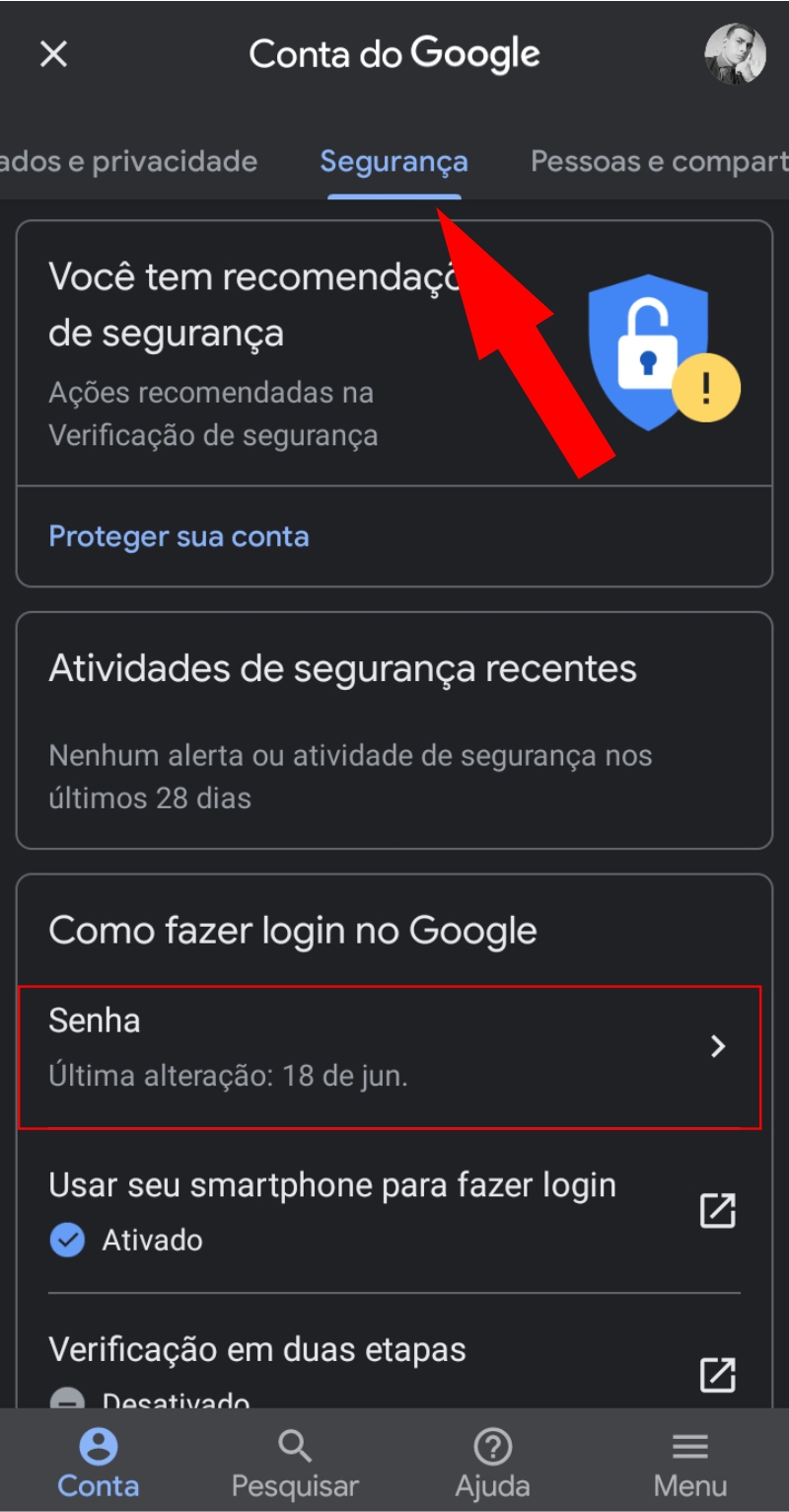 Toque em Segurança do Google