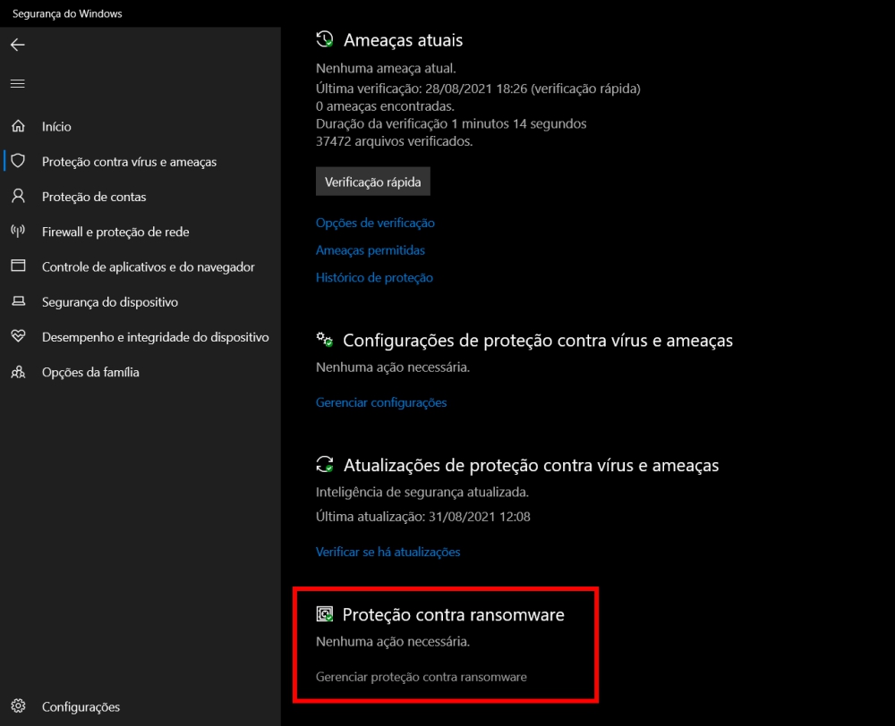 Windows Security também possui um módulo de ransomware para proteger contra essas ameaças