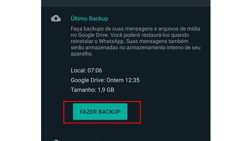 clique em fazer backup