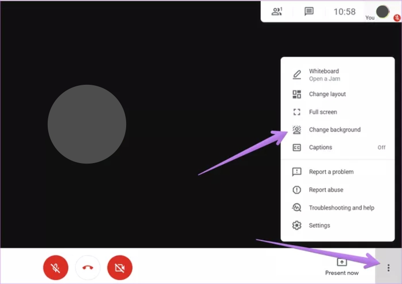 Clique no ícone de três pontos na parte inferior para alterar o plano de fundo do seu computador do Google Meet