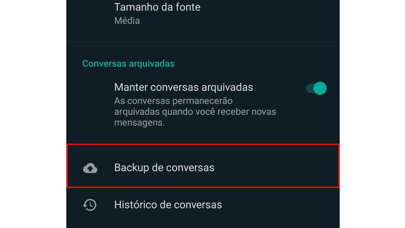 depois vá em backup de conversas