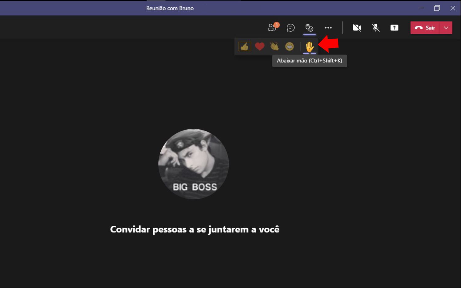 Mostrando como baixar a mão no Microsoft Teams desktop