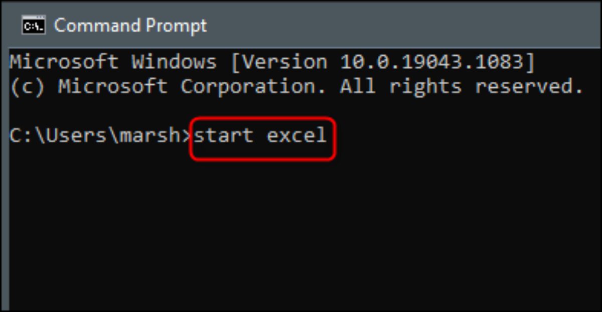 imagem mostrando o comando start Excel para o executar no cmd