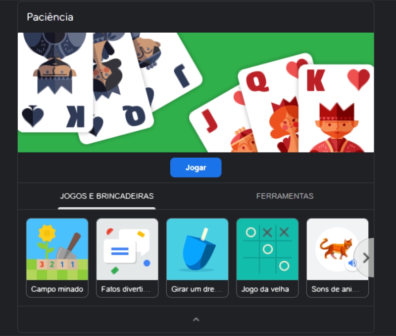 jogue paciência gratuitamente na pesquisa do Google
