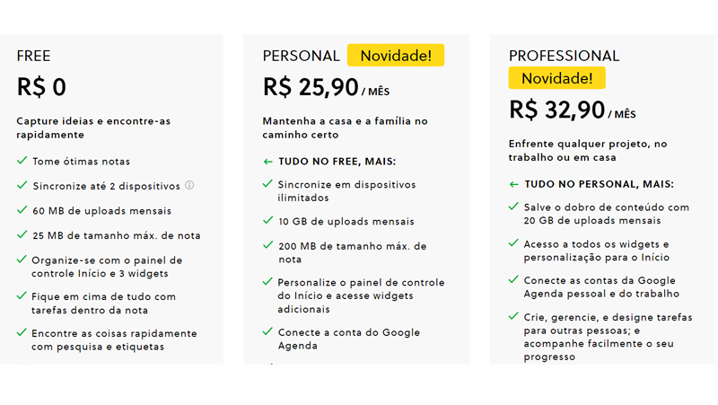 planos de pagamento do evernote