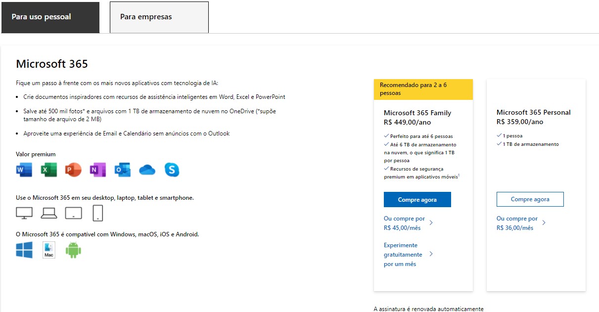 Assinatura Microsoft 365 - Excel Online
