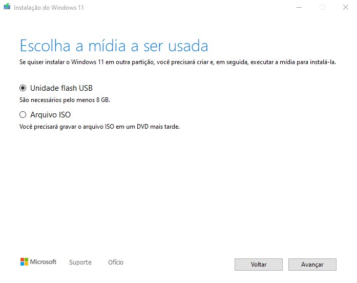 Escolha unidade flash usb para prosseguir com a instalação do Windows 11