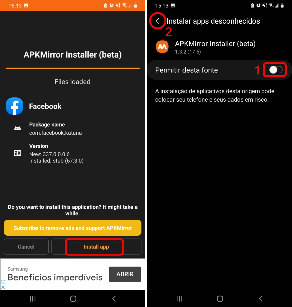 Toque em install app e permita que o APKMirror instale aplicativos no celular