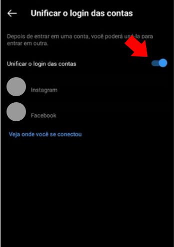 Toque no switch para realizar a unificação - Como entrar no instagram pelo facebook