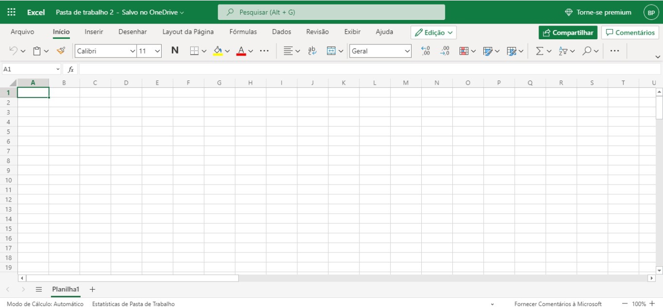 Uma Nova Planilha - Excel Online