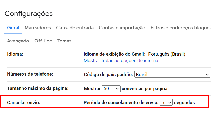 Aumente o tempo para cancelar email