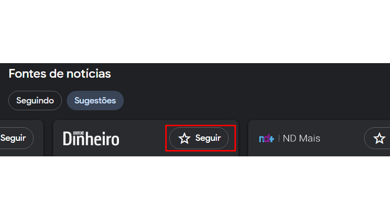 Escolha a fonte de notícias desejada e clique em seguir