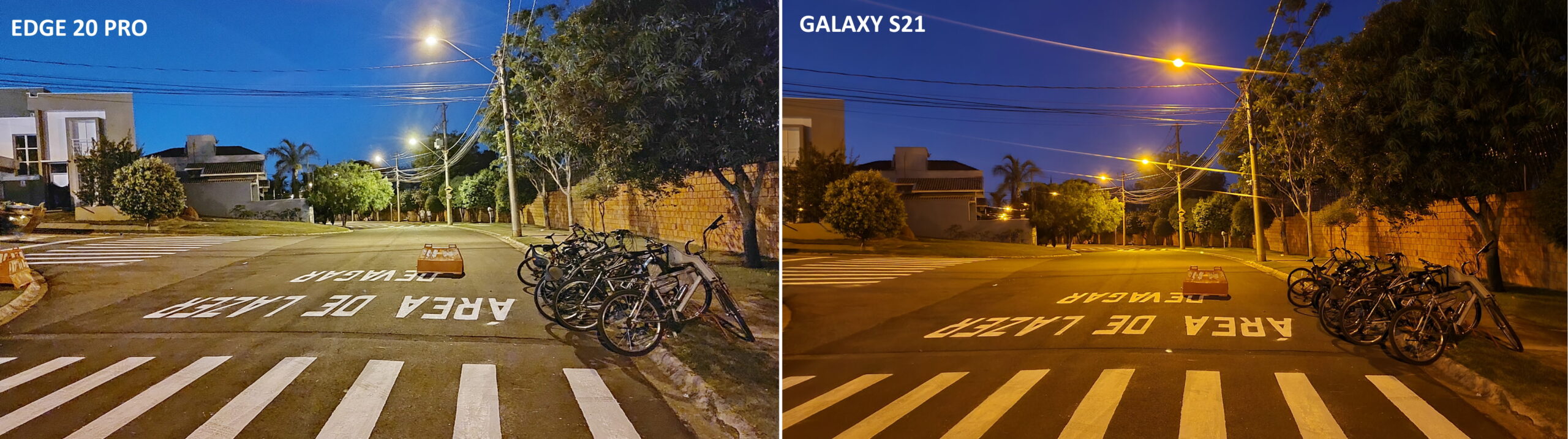 Foto tirada durante a noite comparando o Motorola Edge 20 pro com o Galaxy S21