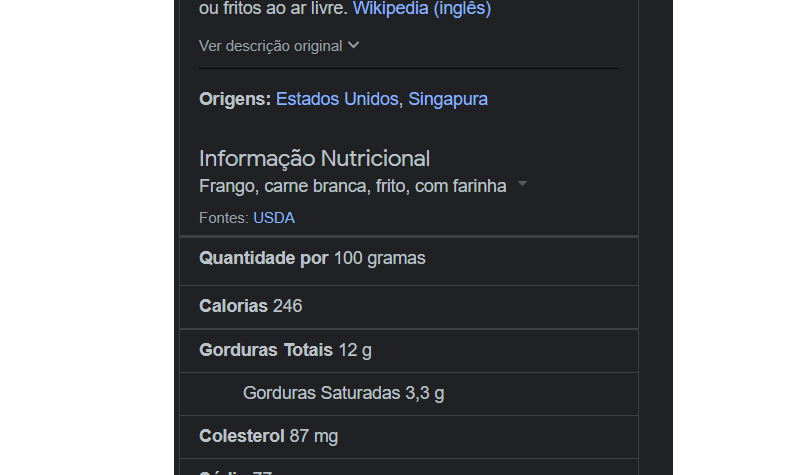 Saiba informações nutricionais com o Google