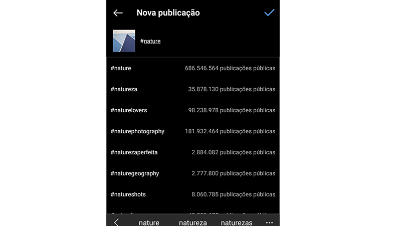 Ao digitar será exibido informações completas sobre a hashtag