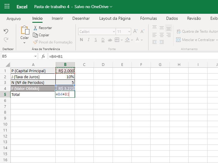 Cálculo do total dos Juros compostos no Excel