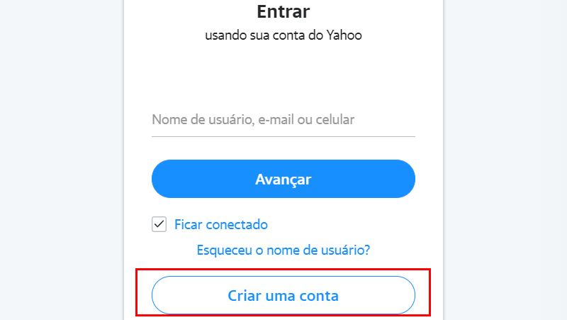 Clique em Criar uma conta no Yahoo