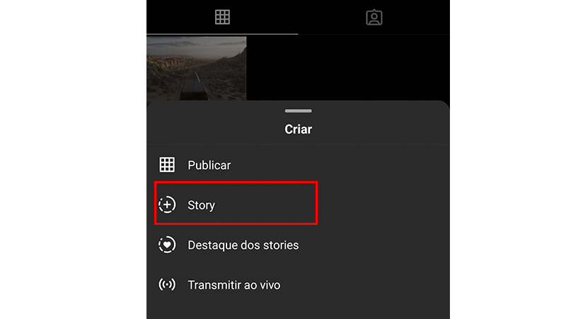 Toque em Story na nova janela