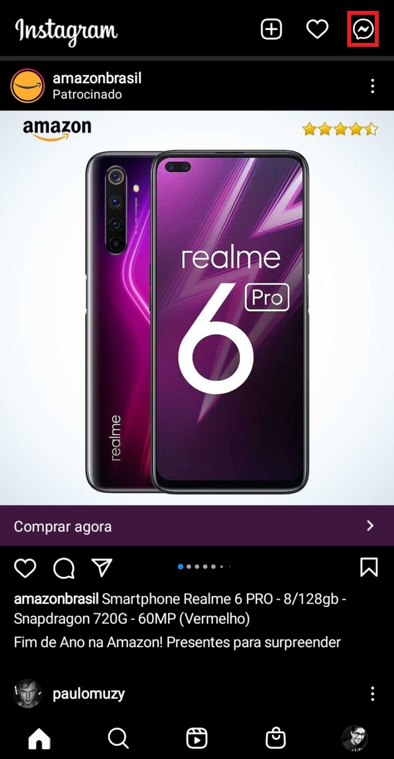 Toque no icone no canto superior direito para responder mensagens no Instagram
