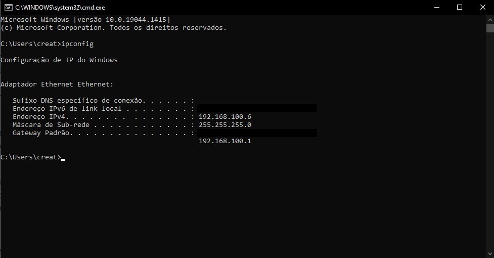 Usando o cmd você pode descobrir se o seu endereço de IP é 192.168.0.100
