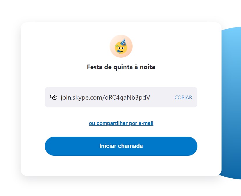 Copie o link da chamada para outros participarem da sua reunião do Skype Online