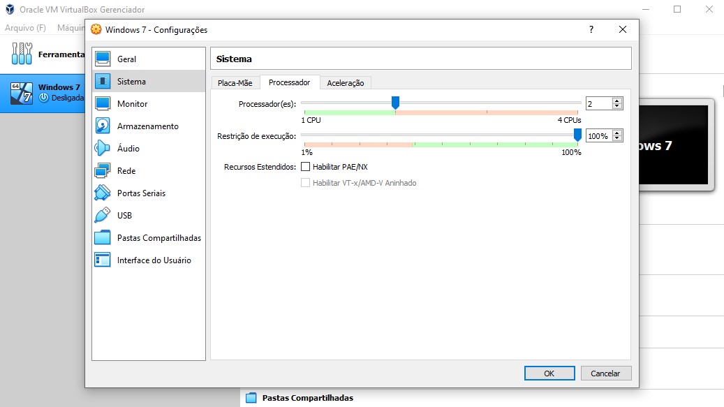 Escolha a quantidade de nucleos para a maquina virtual no VirtualBox