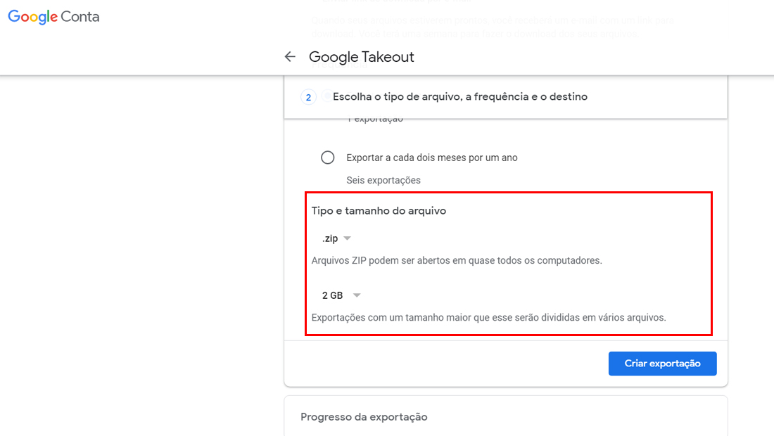 Escolha o tamanho e o tipo do arquivo