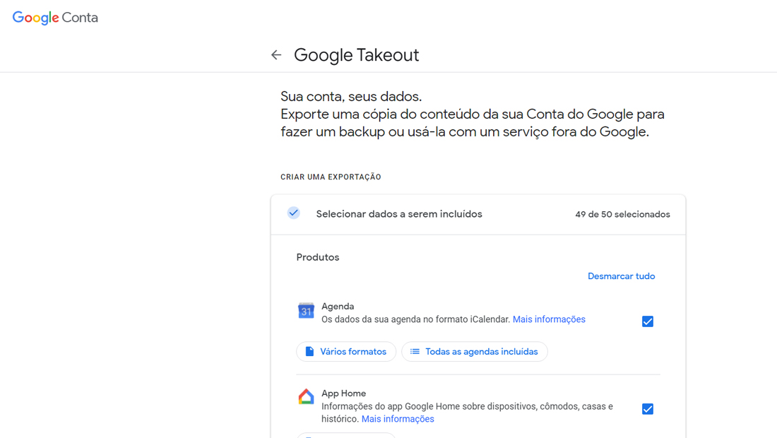 Escolha os programas e produtos no Google Takeout