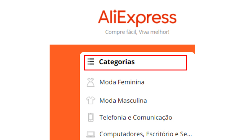 Escolha qualquer uma das categorias do Aliexpress Brasil