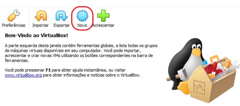 Clique sobre o botão Novo no VirtualBox