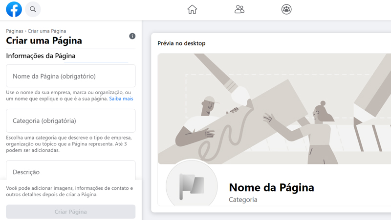 Para criar página no Facebook insira nome e categoria