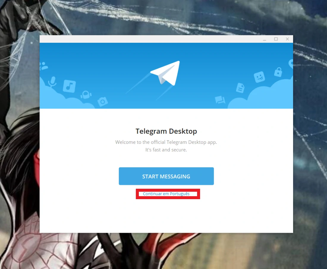 Abra o aplicativo do Telegram para desktop e clique em Continuar em Português