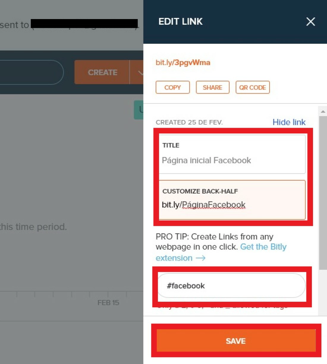 Altere o link, título, informações adicionais e clique em SAVE - Como usar o Bitly passo a passo