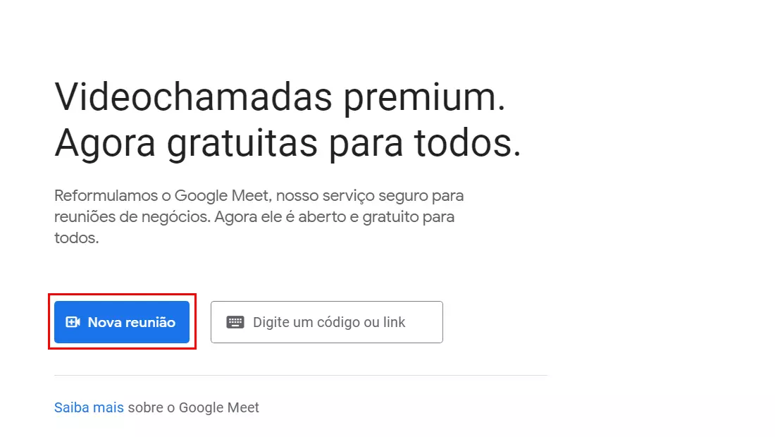 Clique em Nova reunião para iniciar o Google Meet