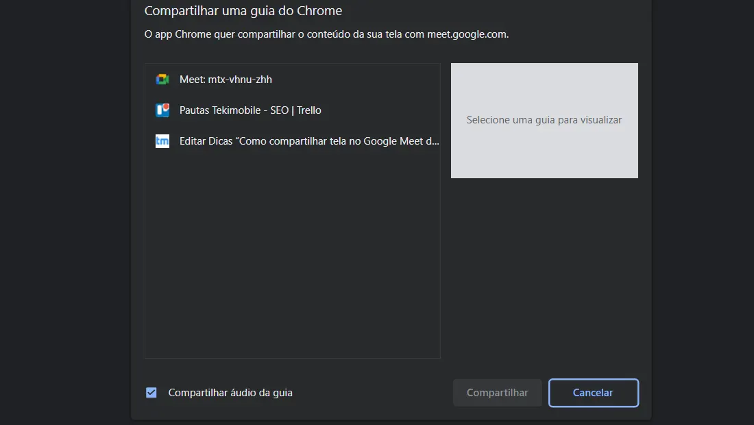 Aprenda como compartilhar tela no Google Meest e escolha a guia