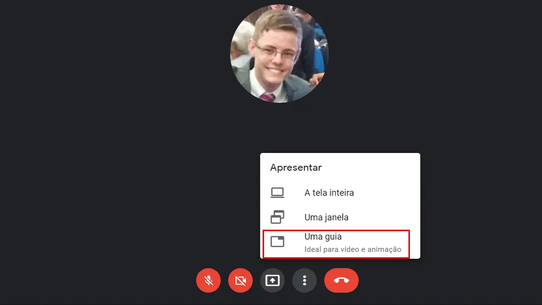 Aprenda como compartilhar tela no Google Meet clique na última opção