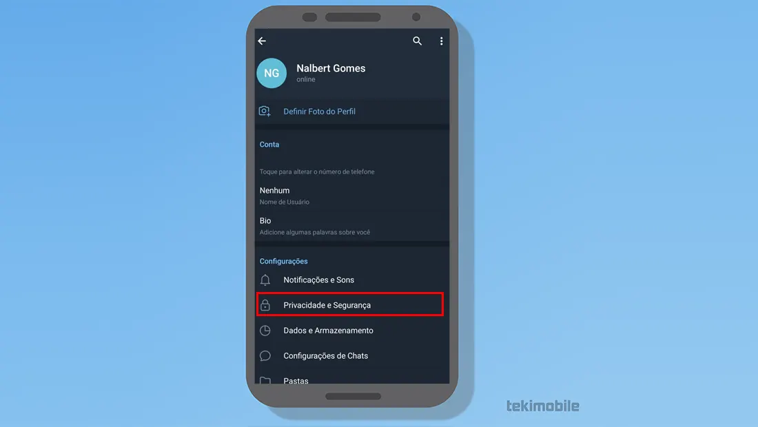 Aprenda como excluir conta do Telegram indo em Privacidade e Segurança