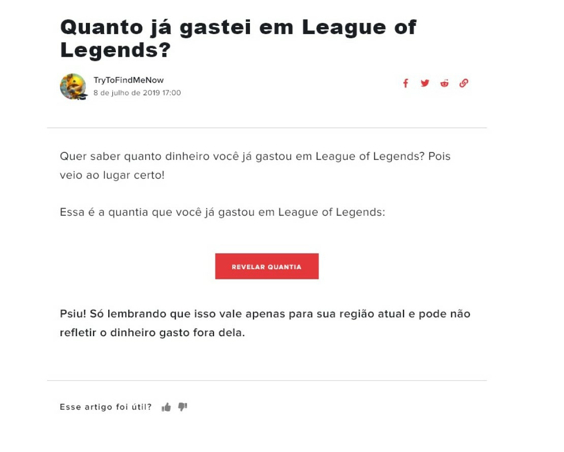 Clique no botão revelar quantia - Quanto já gastei em League of Legends