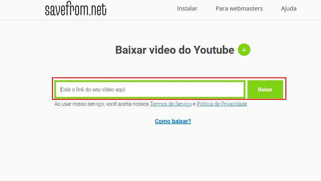 Cole o link do vídeo na caixa de texto e clique em Baixar