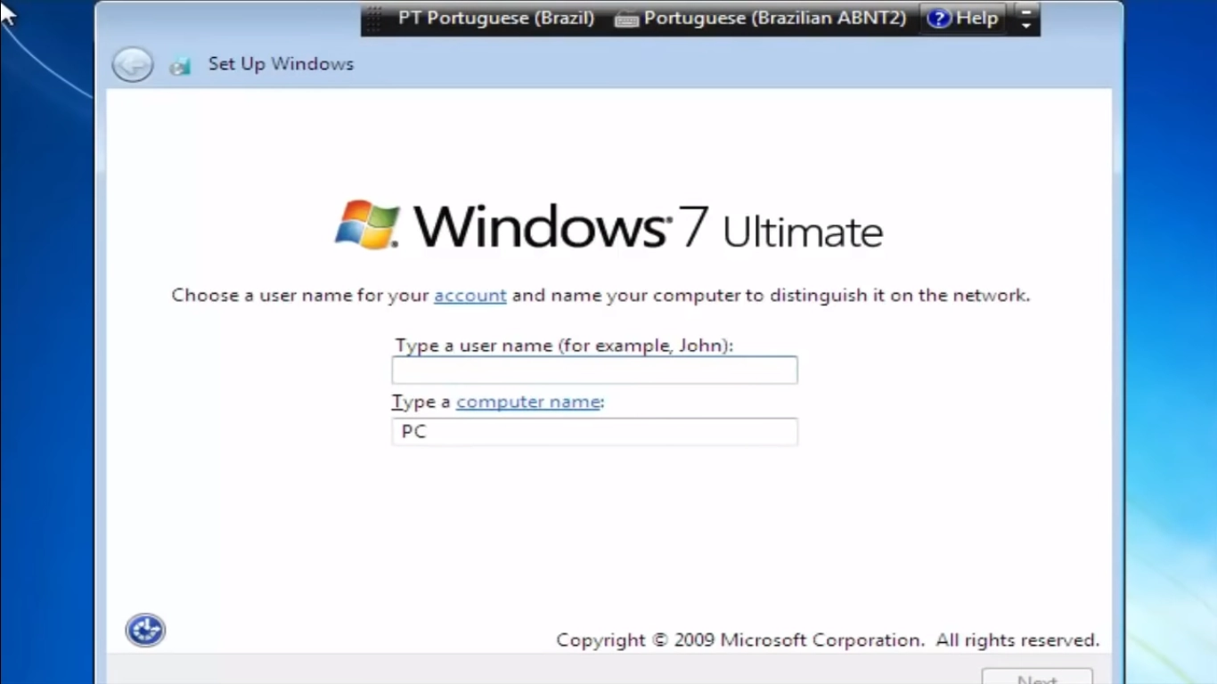 Digite o nome de usuário para a sua máquina - Como formatar o Windows 7