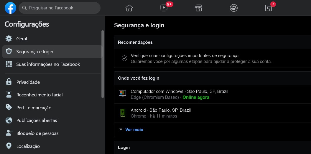 Entre na aba de Segurança e login - Como sair do Messenger no celular e PC