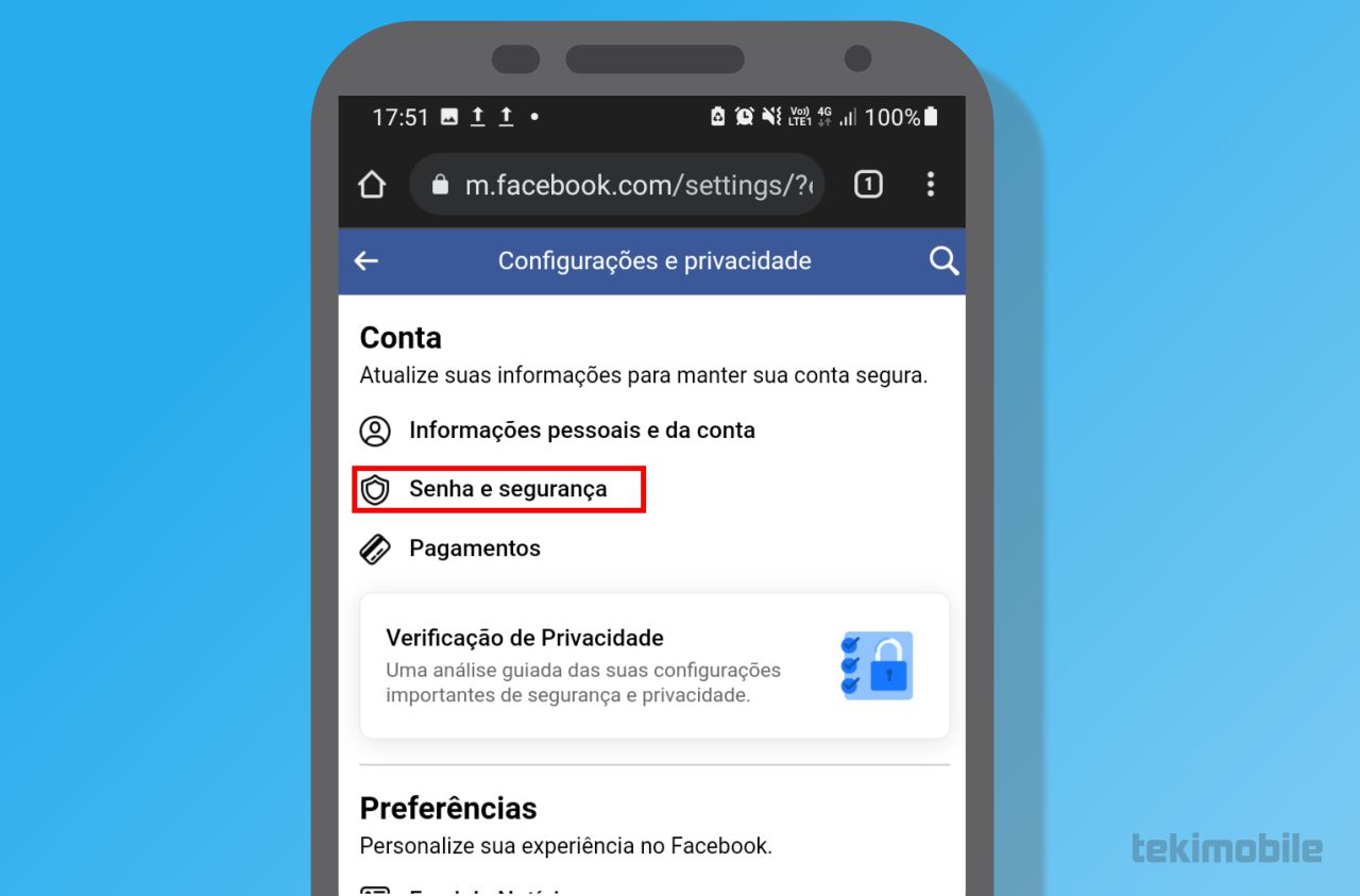 Entre na aba de Senha e Segurança - Como sair do Messenger no celular e PC