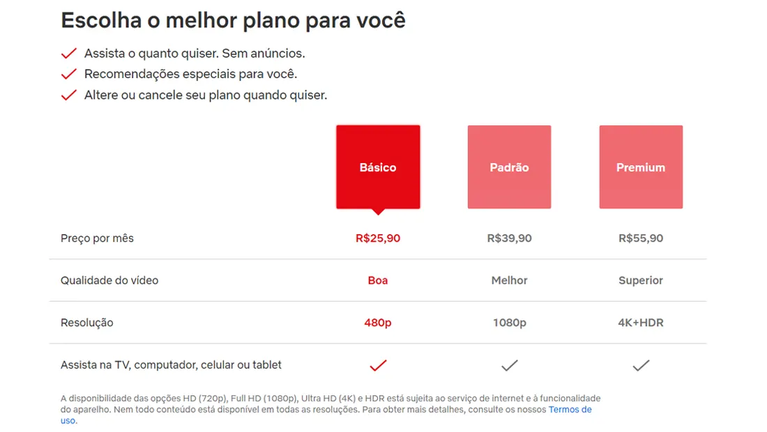 Escolha o plano na página saiba como assinar Netflix