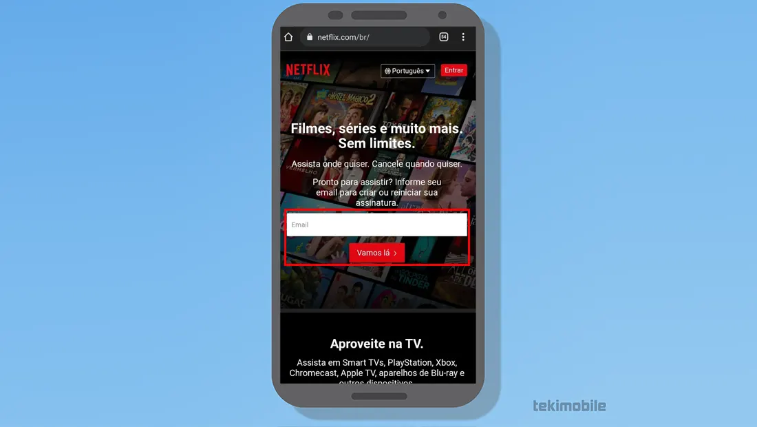 Insira o email e clique em Vamos lá para aprender como assinar Netflix