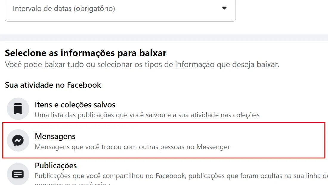 Selecione apenas Mensagens e faça o download