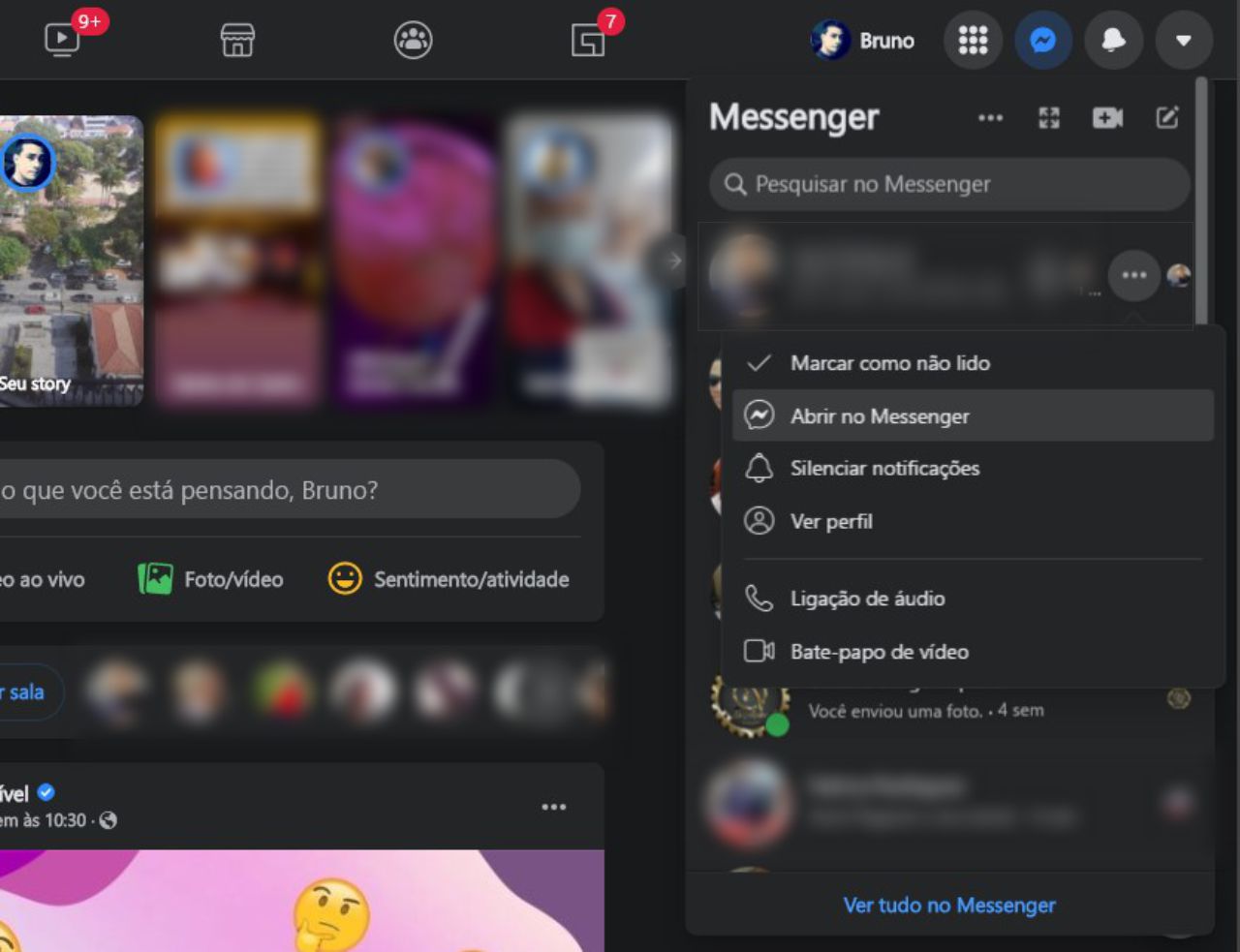 Selecione o ícone de três pontos na conversa - Como apagar as mensagens do Messenger