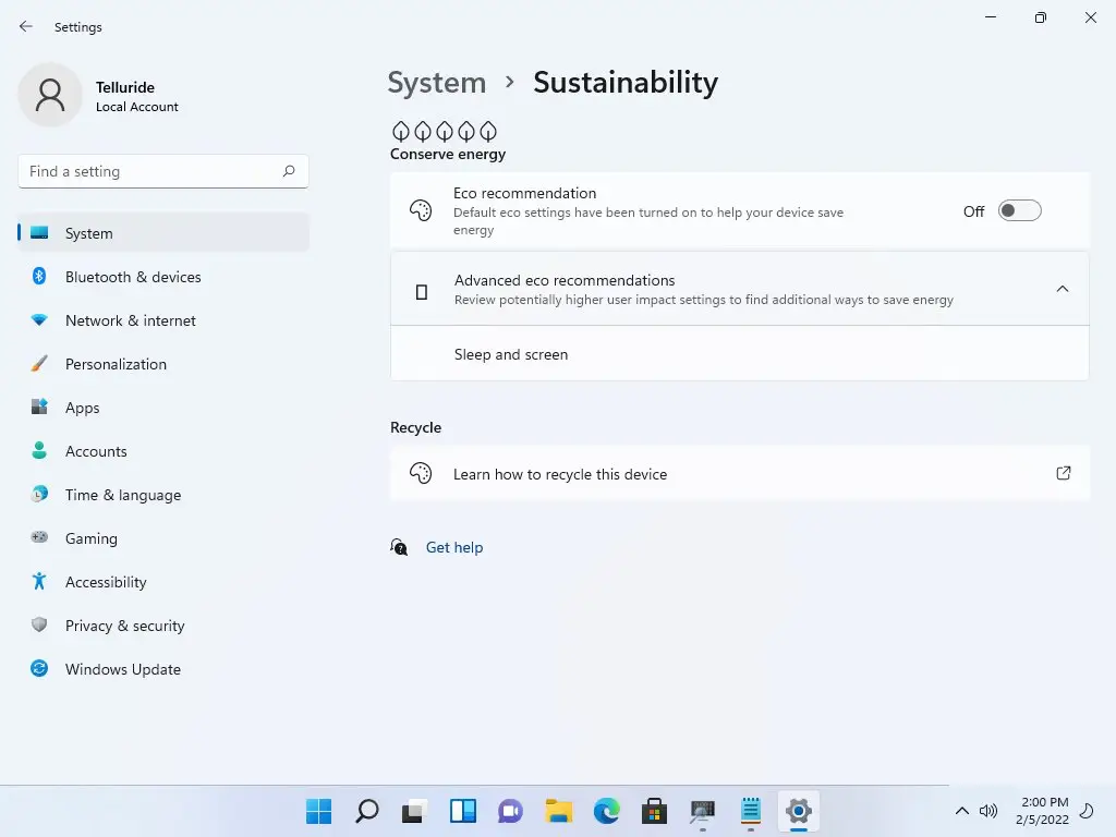 imagem mostrando modo sustentabilidade do Windows 11