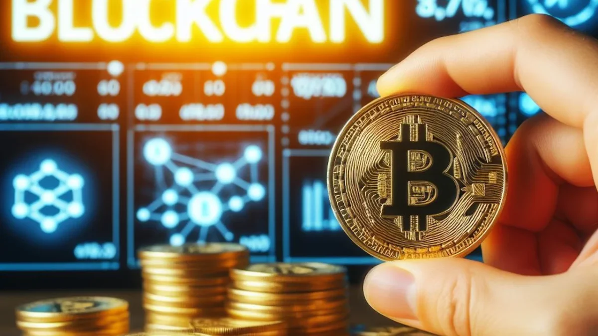 Imagem simbolizando o que é uma blockchain justamente com uma moeda bitcoin