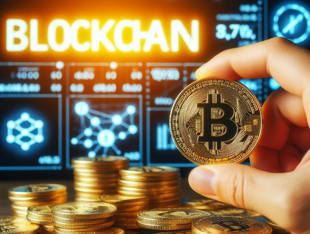 Imagem simbolizando o que é uma blockchain justamente com uma moeda bitcoin