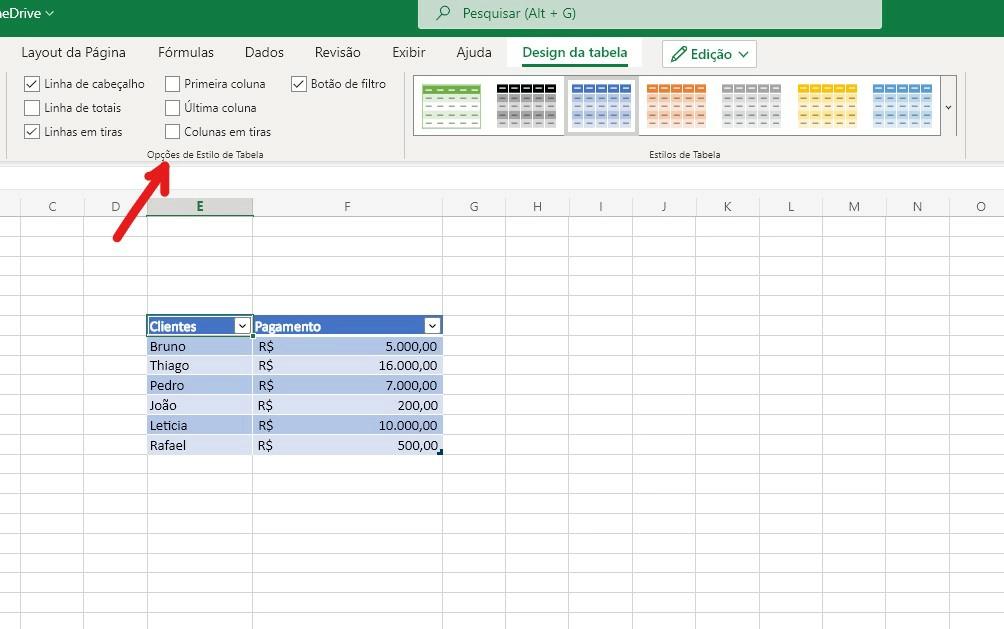 Tocando sobre Design de tabela você terá outras opções de edição de sua tabela no Excel - Como fazer tabela no excel
